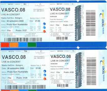 Foto: Sells Bilhetes do concert VASCO 08 - BOLOGNA STADIO DALL'ARA 20 SETTEMBRE