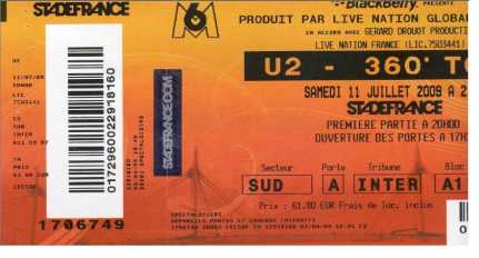 Foto: Sells Bilhete do concert U2 STADE DE FRANCE - STADE DE FRANCE