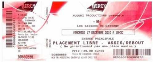 Foto: Sells Bilhete do concert 1 PLACE POUR LE CONCERT M (CHEDID) A BERCY LE 17/1 - ZENITH