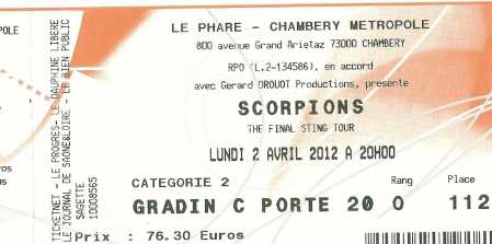 Foto: Sells Bilhetes do concert CONCERT DE SCORPION 02.04.2012 - CHAMBERY