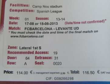 Foto: Sells Bilhetes do concert FC BARCELONE -  LEVANTE - CAMP NOU