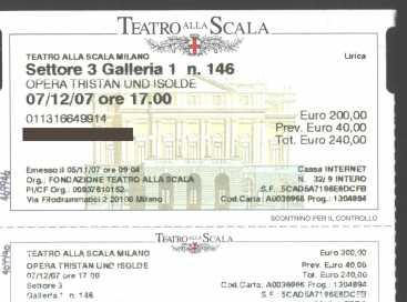 Foto: Sells Bilhete do theatre TRISTANO E ISOTTA PRIMA ASSOLUTA - TEATRO ALLA SCALA PRIMA ASSOLUTA