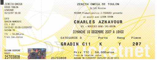 Foto: Sells Bilhetes do concert CHARLES AZNAVOUR - ZENITH OMEGA TOULON